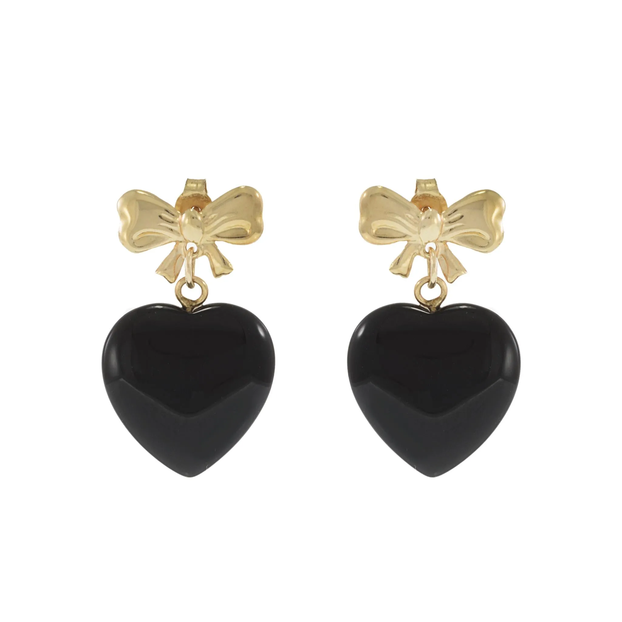 Estate 14KT Yellow Gold Bow Earrings with Dangling Black Onyx Hearts