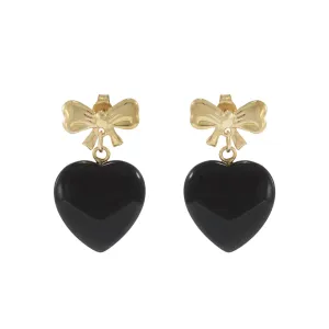 Estate 14KT Yellow Gold Bow Earrings with Dangling Black Onyx Hearts