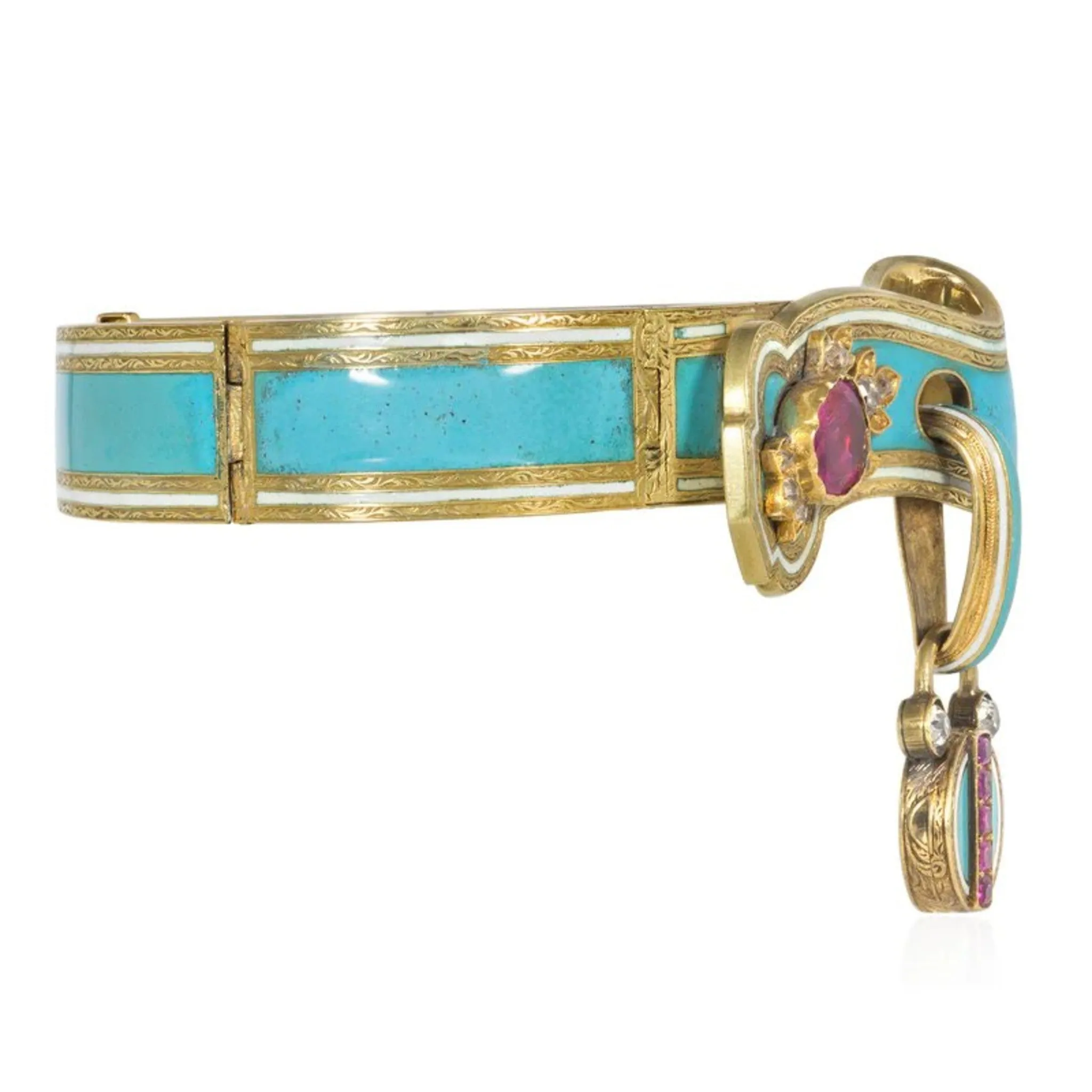 French Victorian 18KT Yellow Gold Ruby, Diamond & Enamel Bracelet