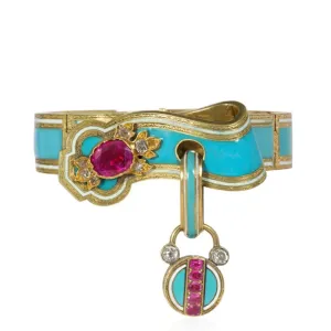French Victorian 18KT Yellow Gold Ruby, Diamond & Enamel Bracelet