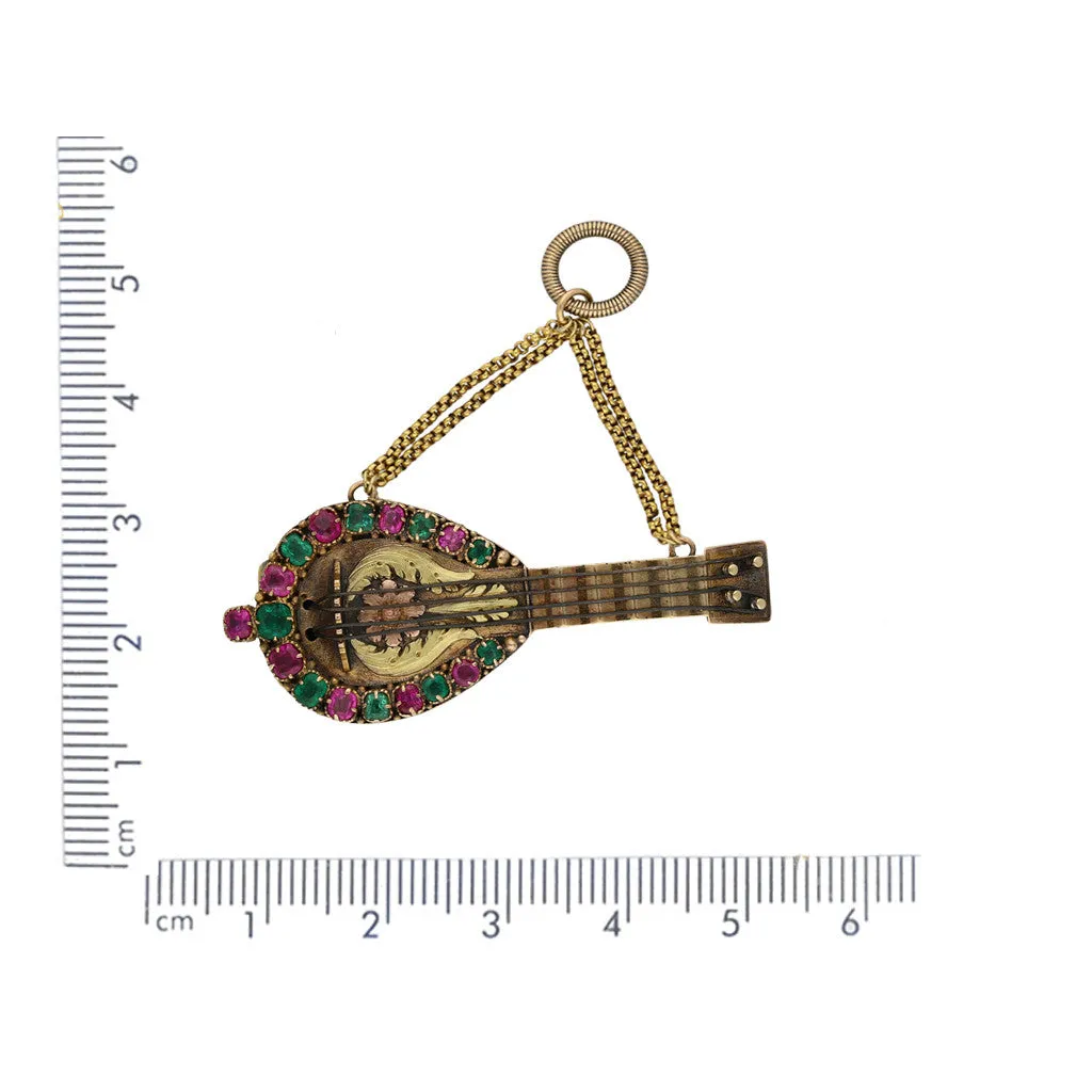 Georgian 18KT Yellow Gold Ruby & Emerald Mandolin Locket Brooch / Pendant