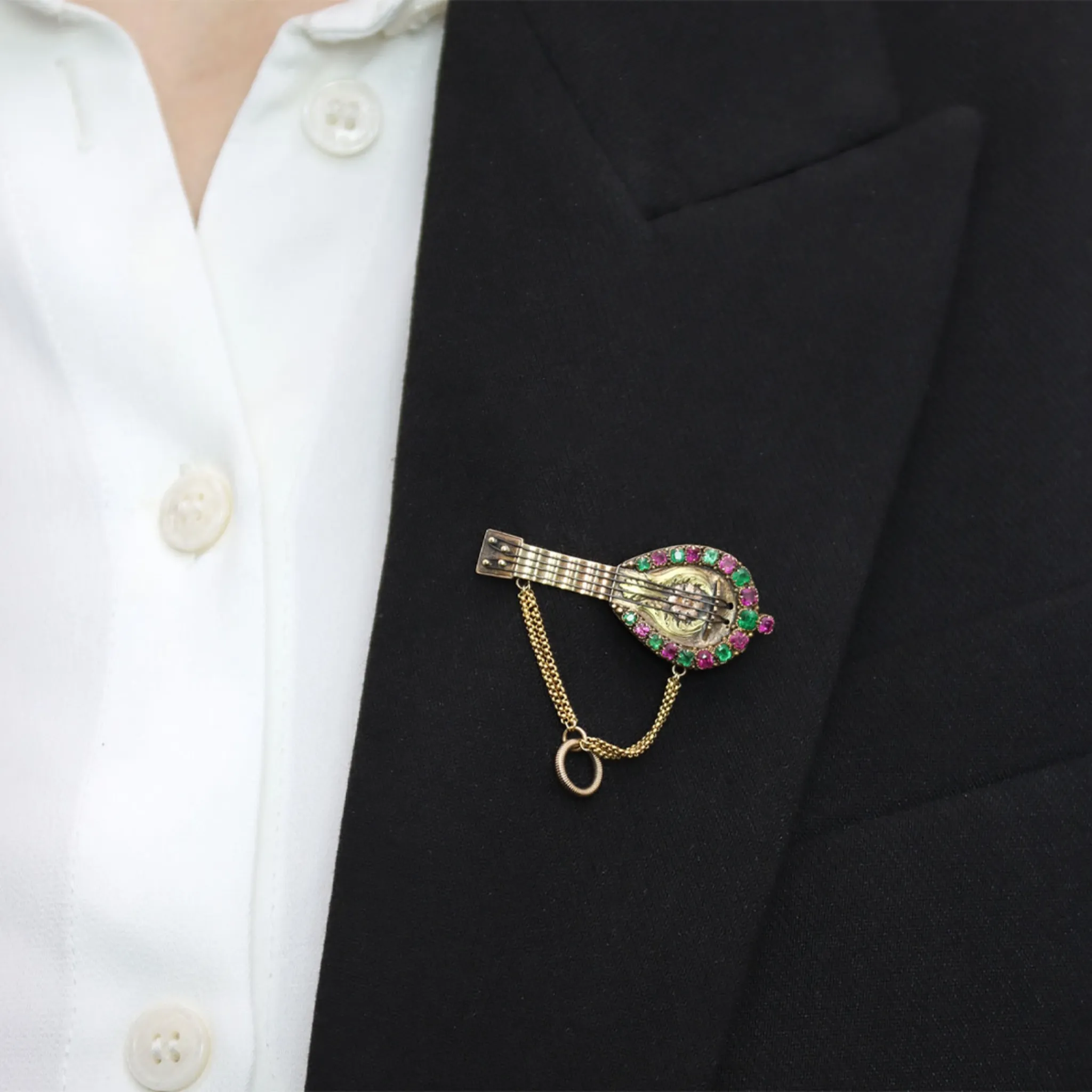 Georgian 18KT Yellow Gold Ruby & Emerald Mandolin Locket Brooch / Pendant