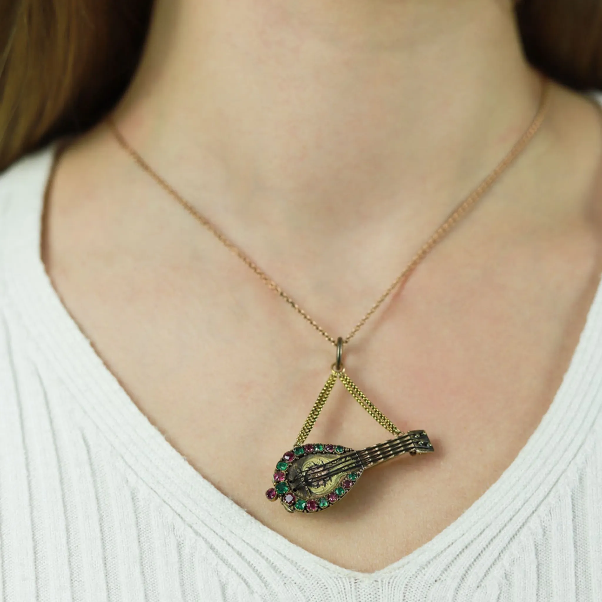 Georgian 18KT Yellow Gold Ruby & Emerald Mandolin Locket Brooch / Pendant