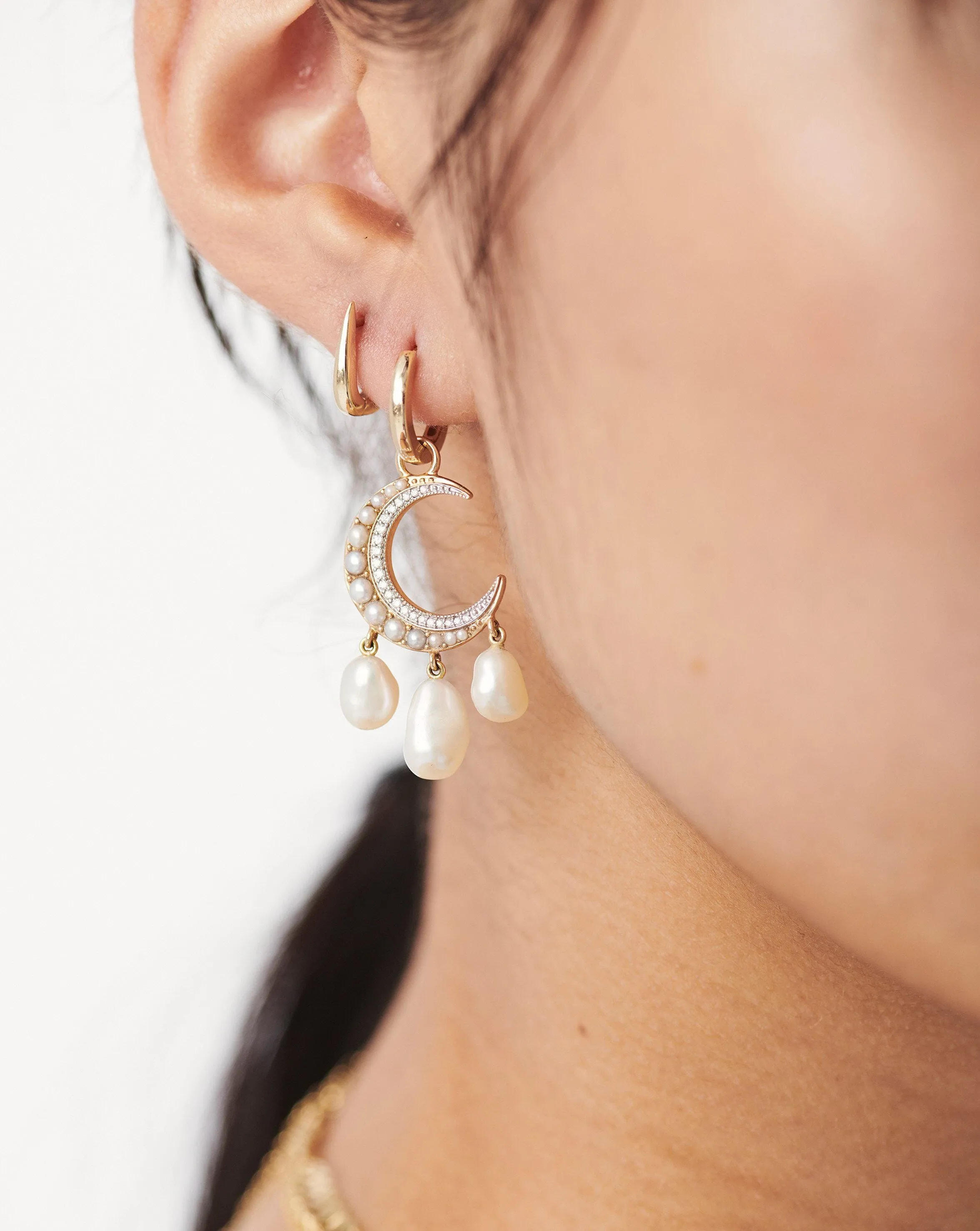 Harris Reed Fine Moon Starlight Earrings | 14k Solid Gold/Pearl & Diamond