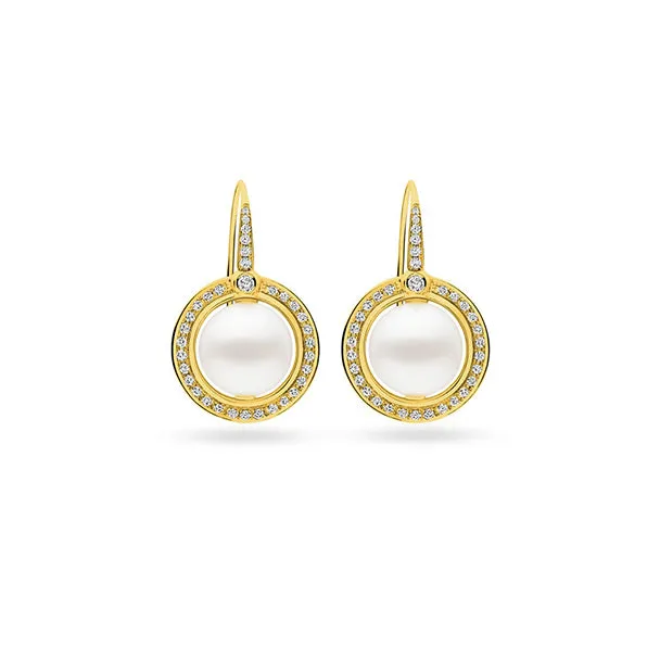 KAILIS 'DIVINE' 18CT YELLOW GOLD DIAMOND AND PEARL HOOK EARRINGS