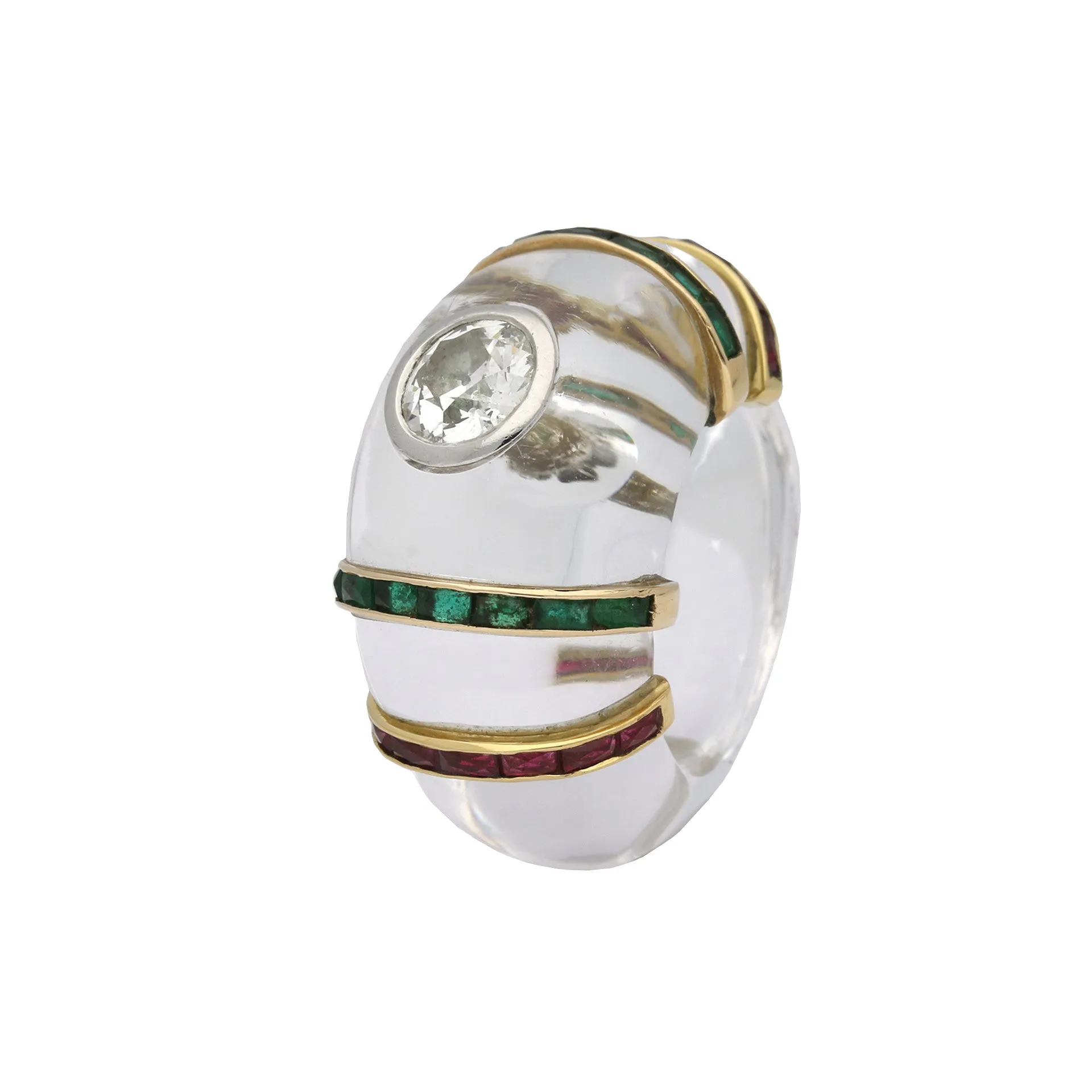 Rene Boivin 1950s Rock Crystal, Diamond, Emerald & Ruby Ring