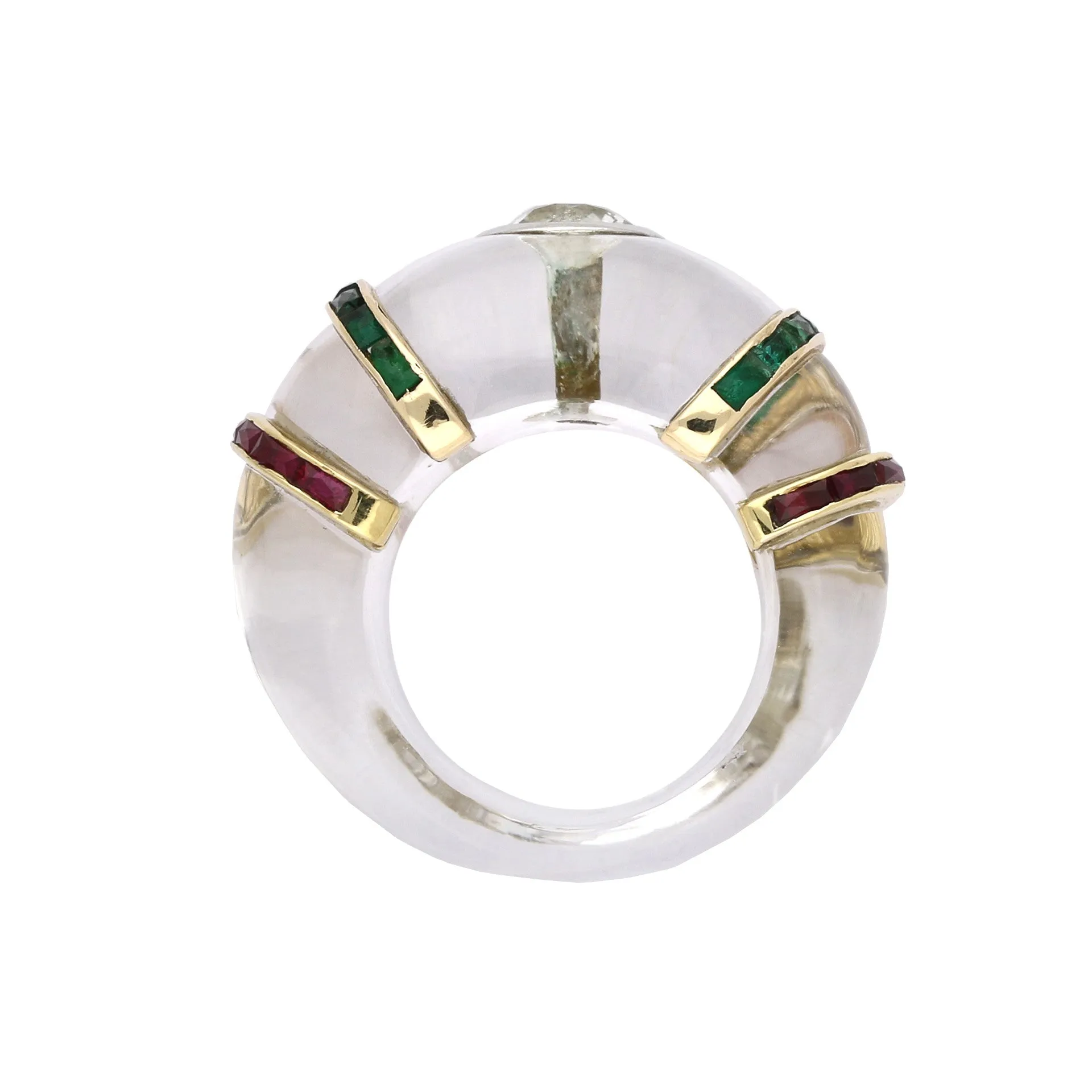 Rene Boivin 1950s Rock Crystal, Diamond, Emerald & Ruby Ring
