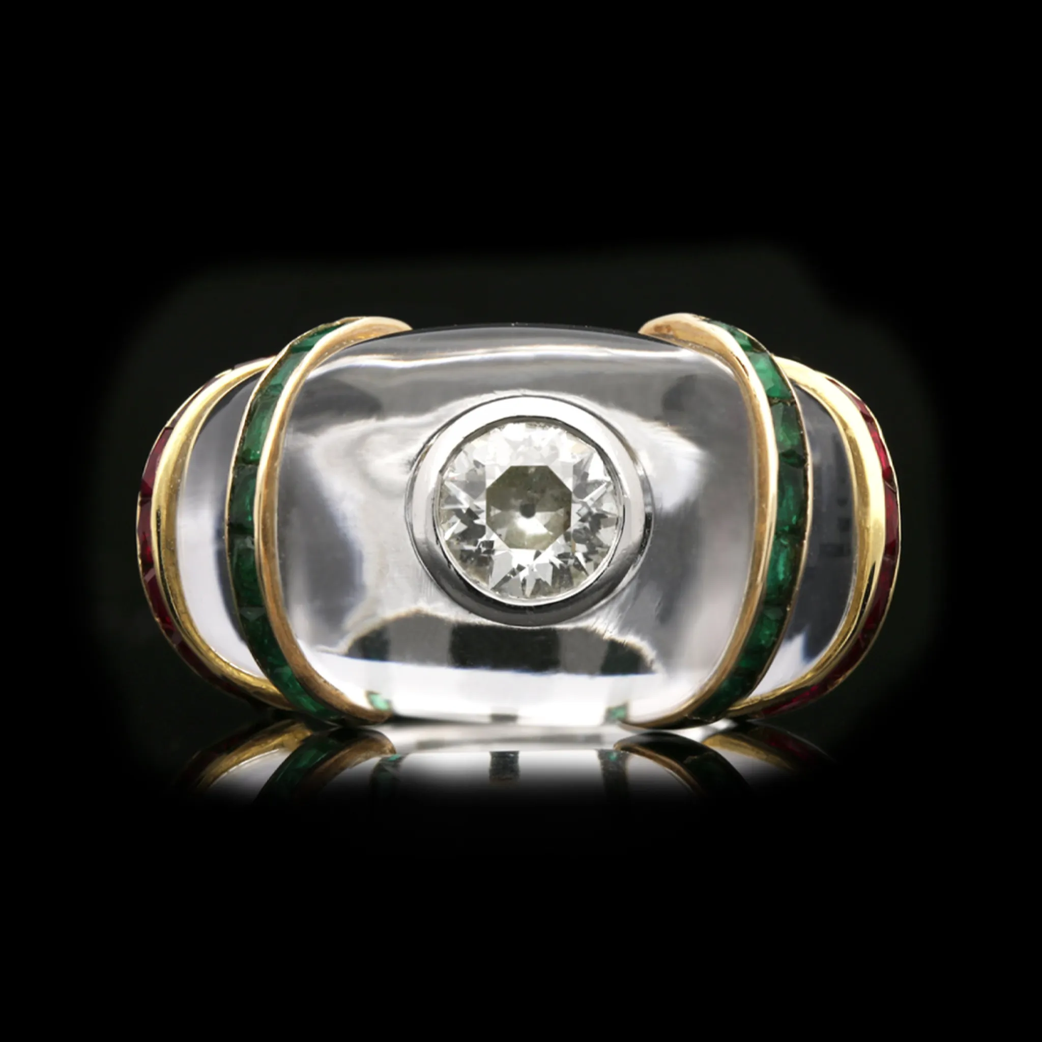 Rene Boivin 1950s Rock Crystal, Diamond, Emerald & Ruby Ring