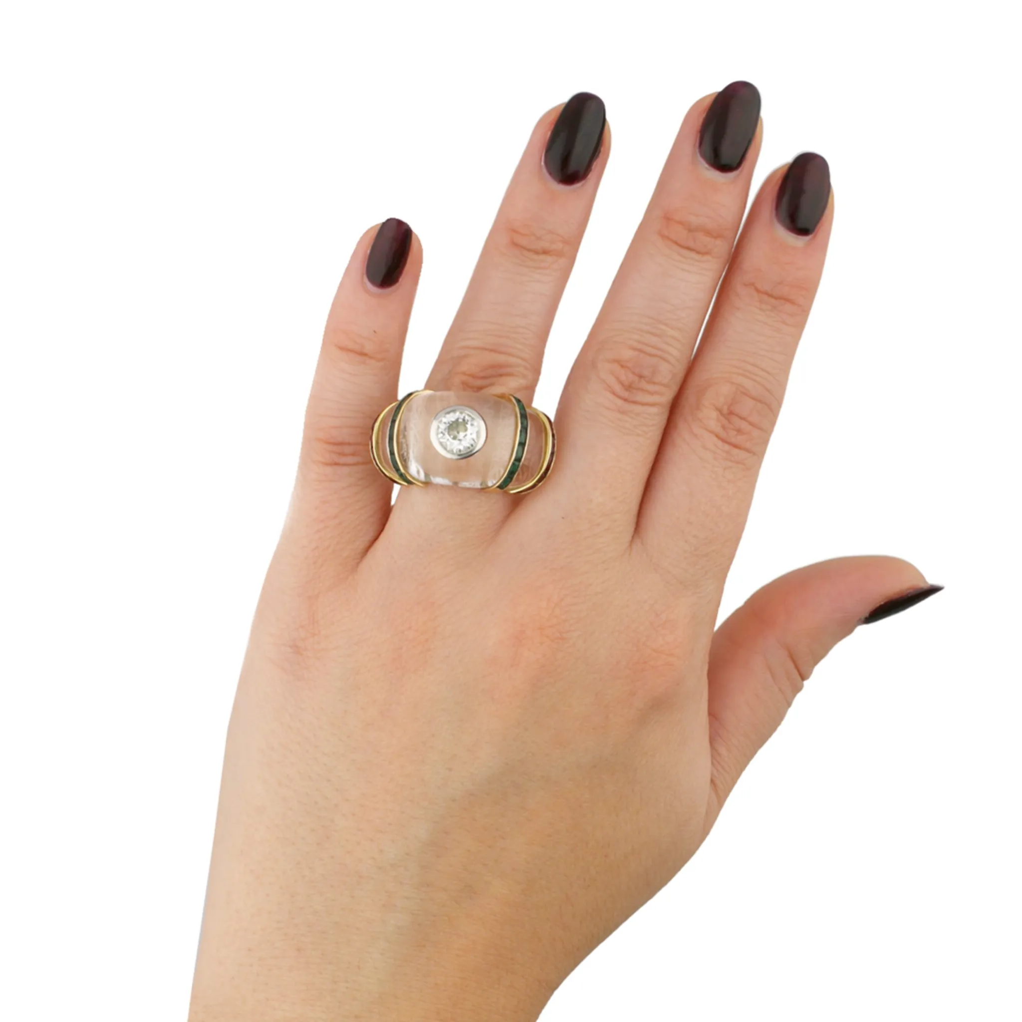 Rene Boivin 1950s Rock Crystal, Diamond, Emerald & Ruby Ring