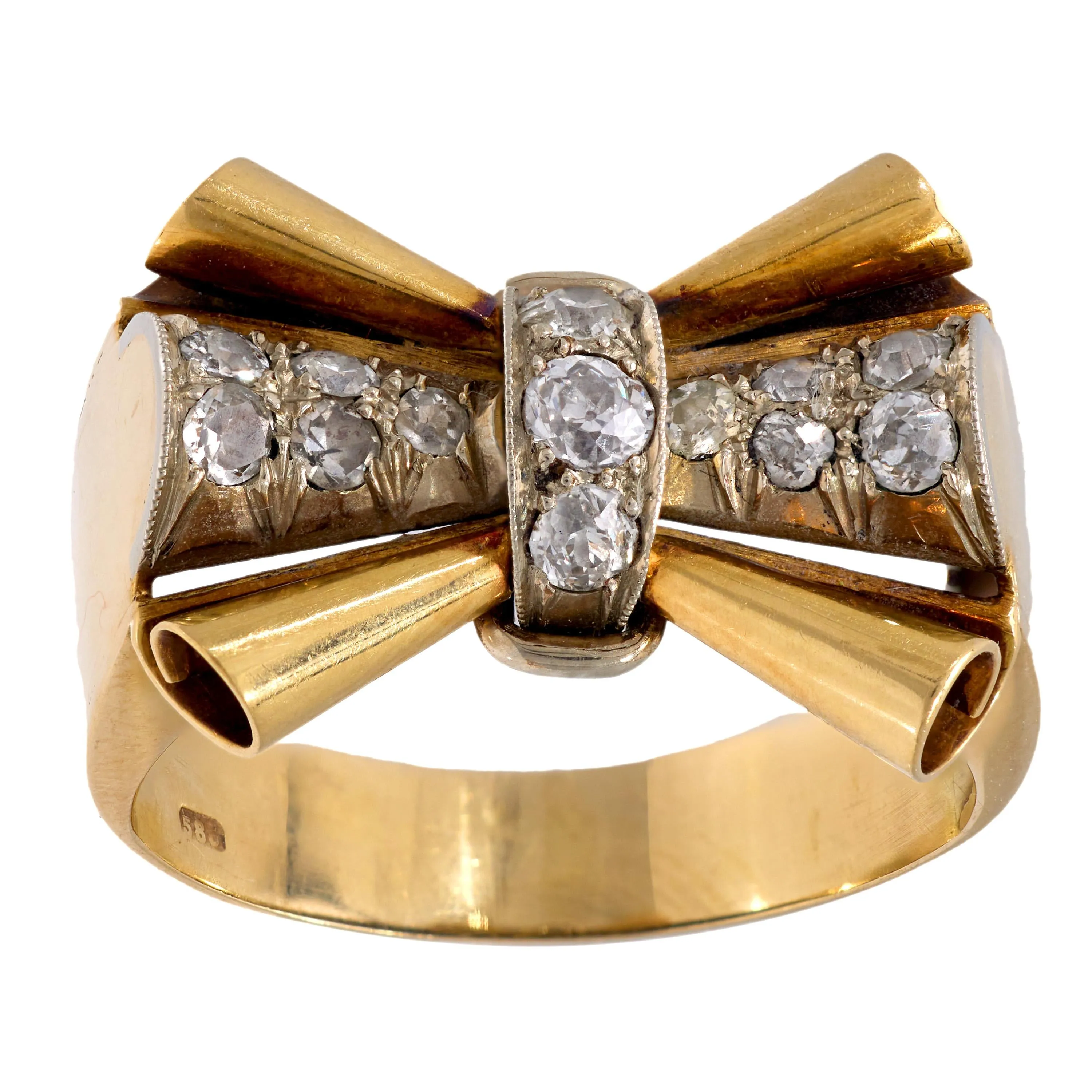 Retro diamond 14k yellow gold tank ring
