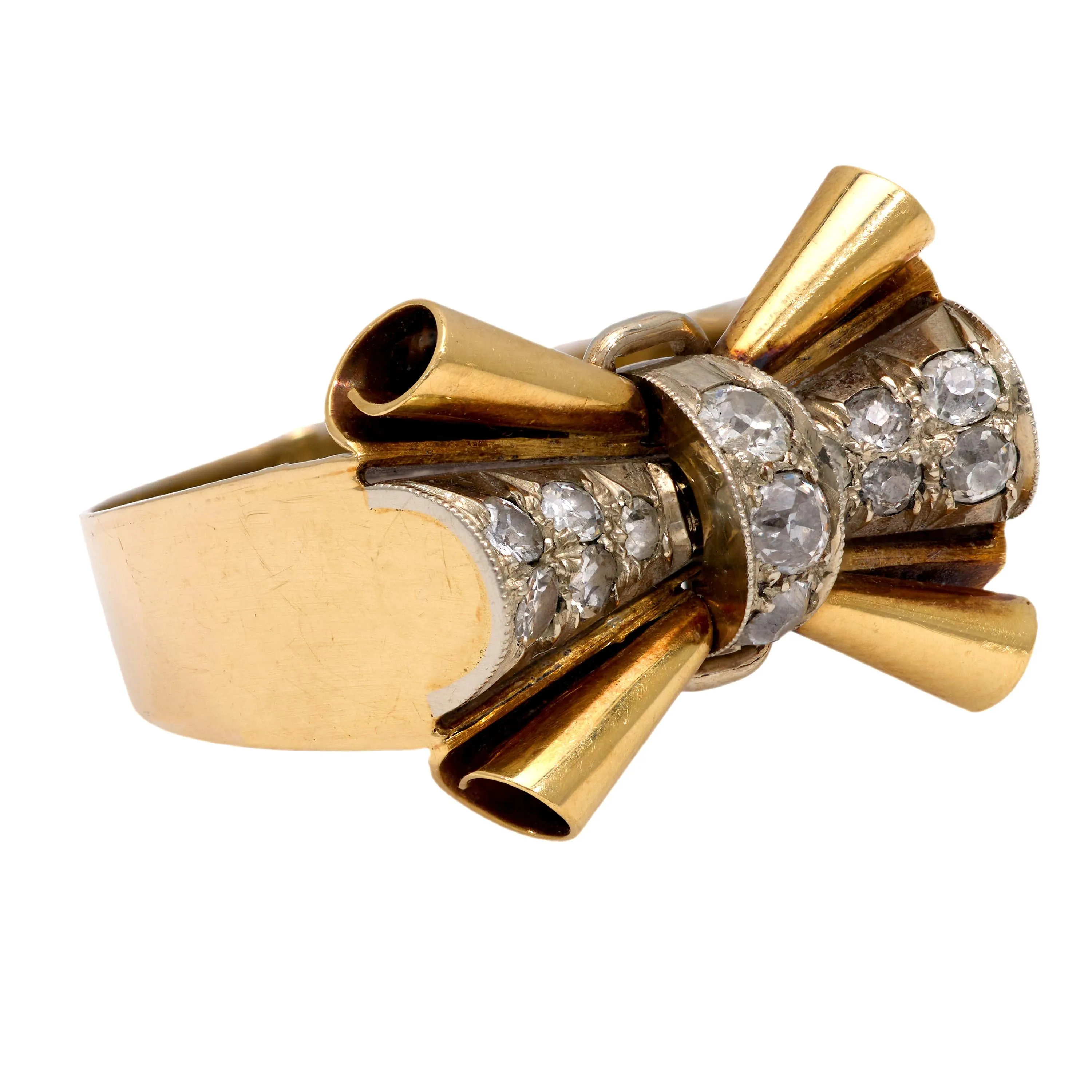 Retro diamond 14k yellow gold tank ring