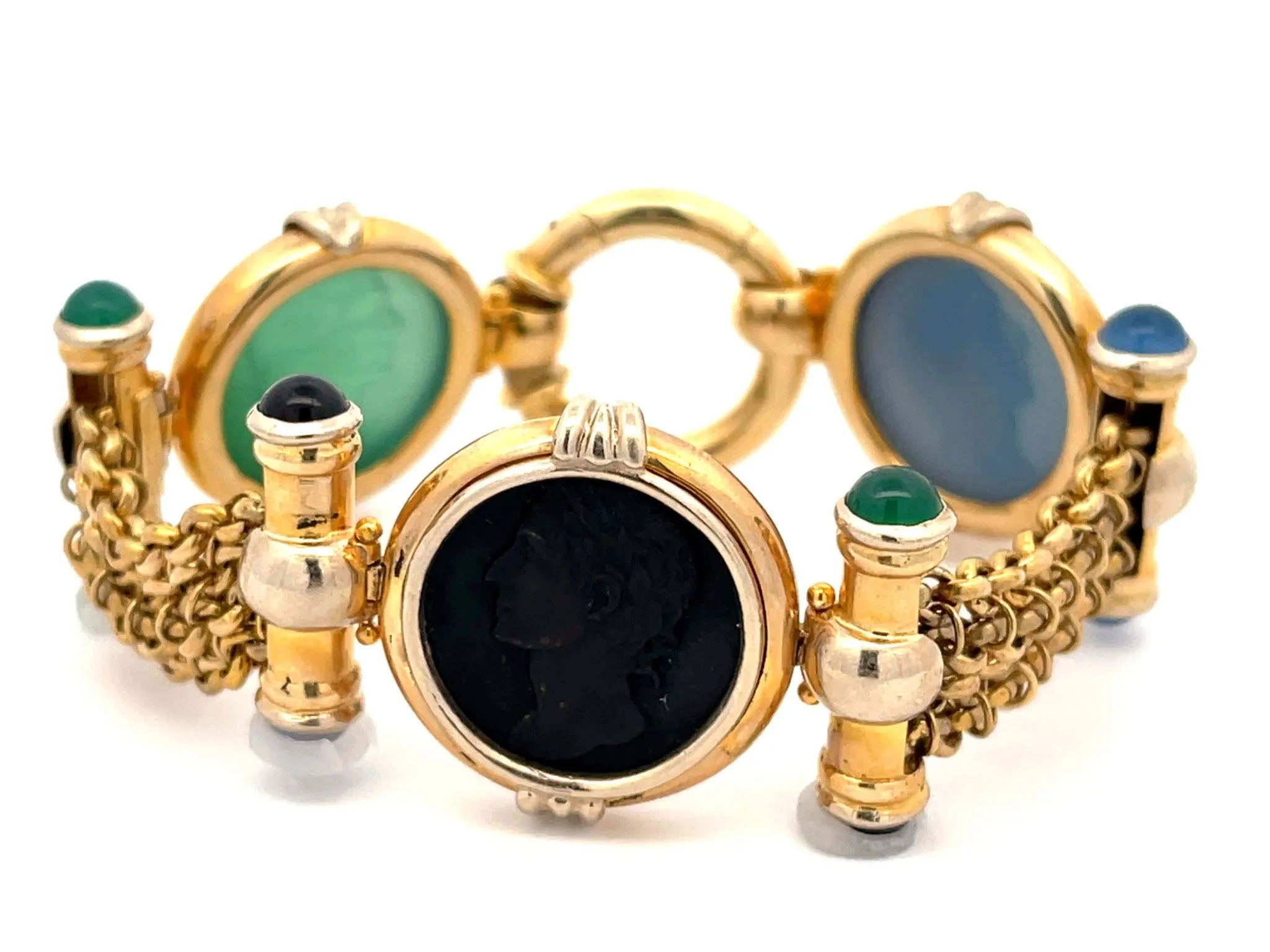 Three Agate Heads Wide Chain Link Bracelet in 14k Yellow Gold