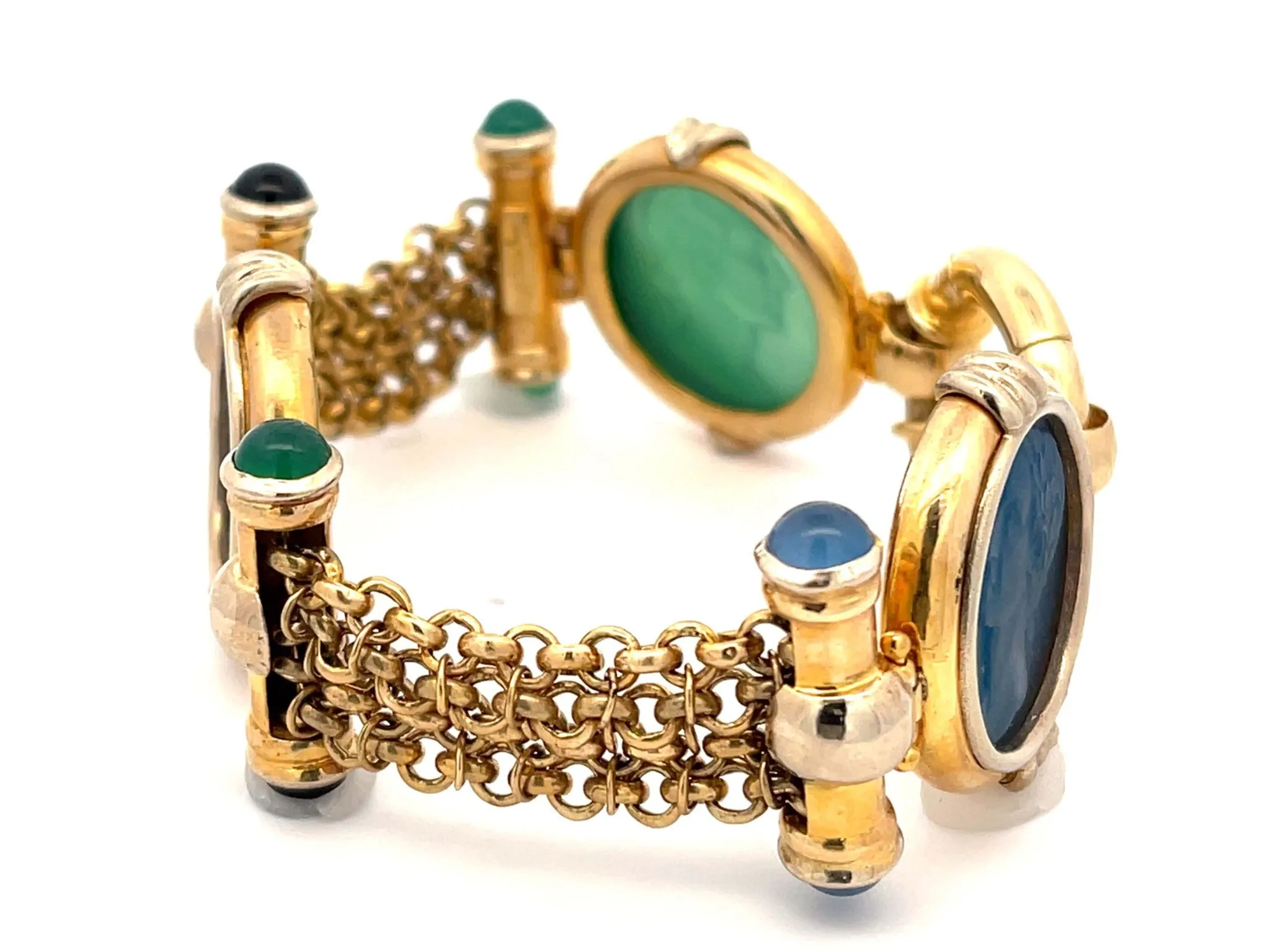 Three Agate Heads Wide Chain Link Bracelet in 14k Yellow Gold