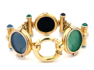 Three Agate Heads Wide Chain Link Bracelet in 14k Yellow Gold