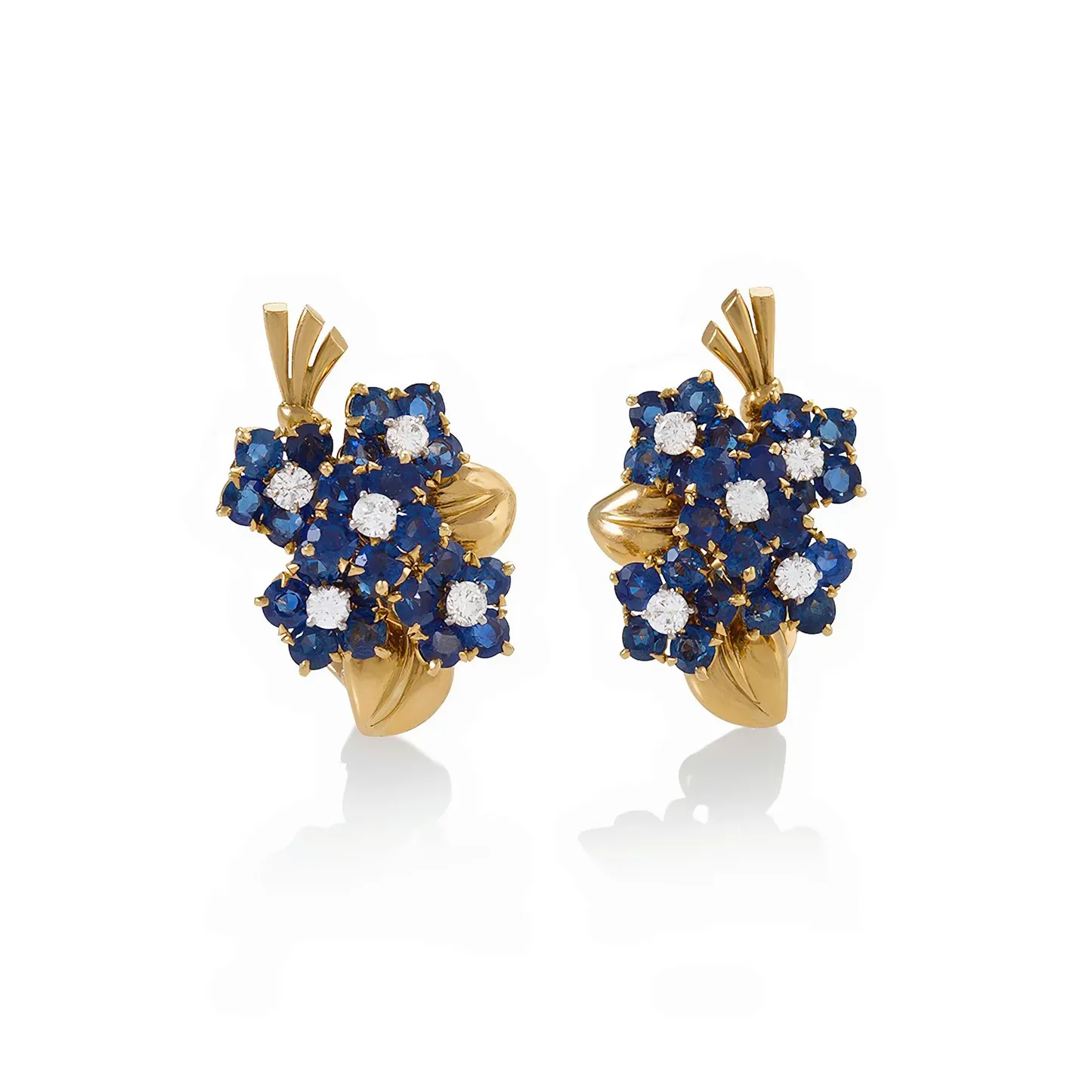Van Cleef & Arpels Paris 1940s 18KT Yellow Gold Sapphire & Diamond Flower Earrings