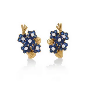 Van Cleef & Arpels Paris 1940s 18KT Yellow Gold Sapphire & Diamond Flower Earrings