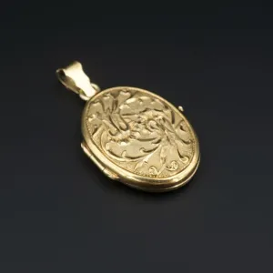 Vintage 14k Yellow Gold Locket Repousse Pendant Floral Iris 1.6" PG1648